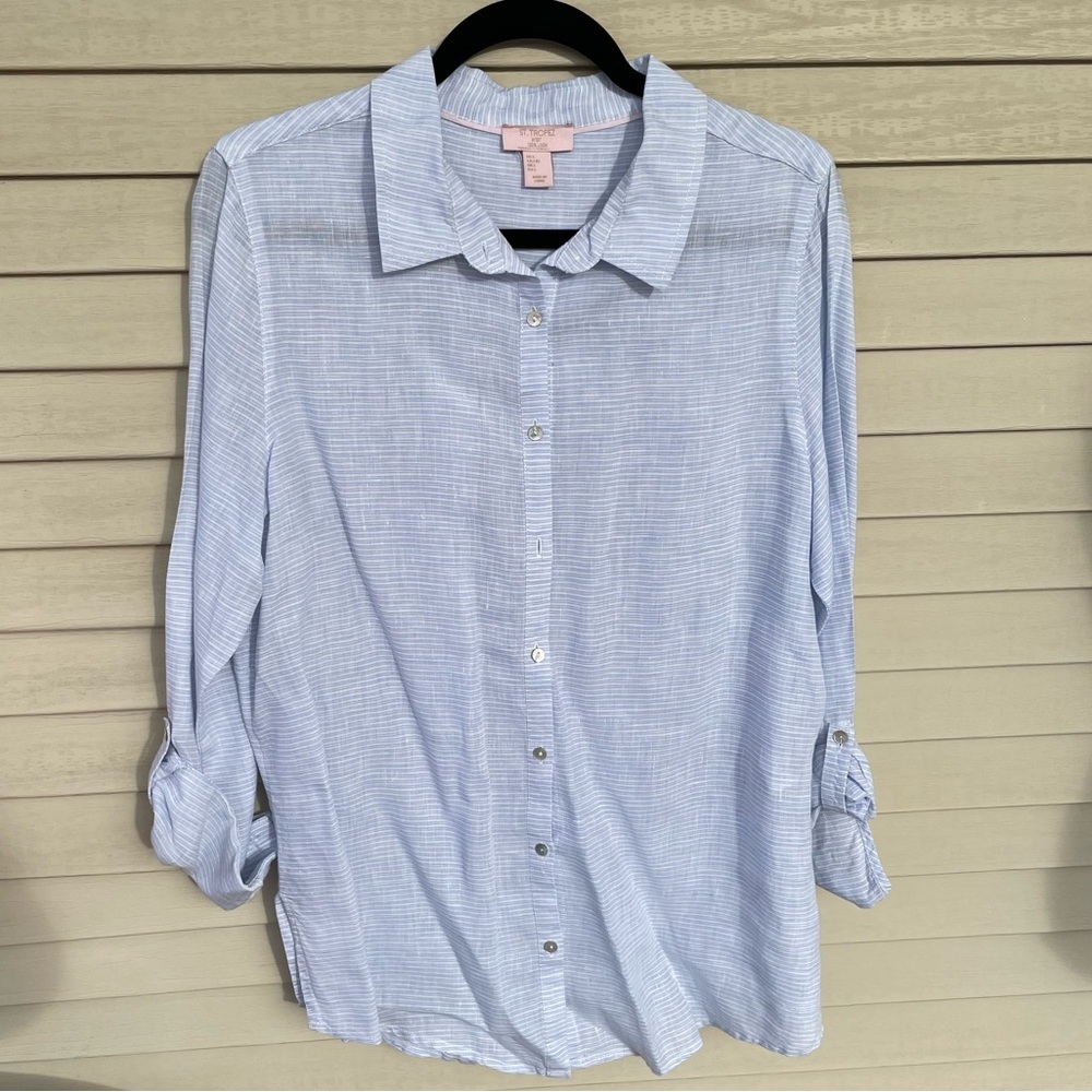 St. Tropez Linen Striped Button Down Top Size L